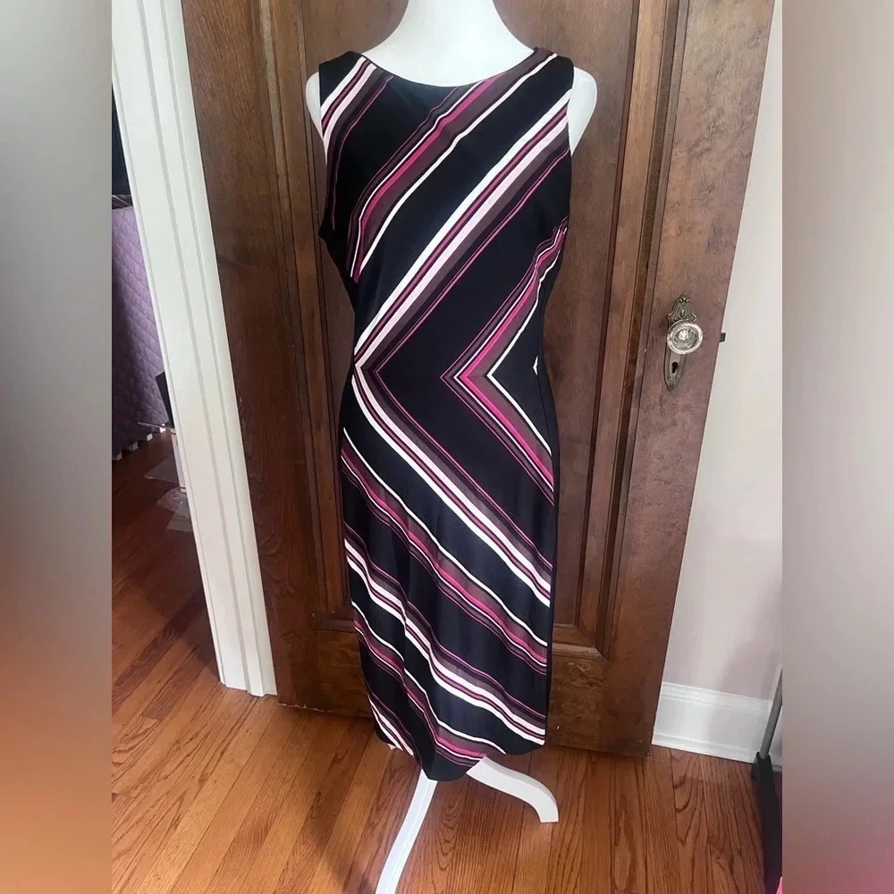 White House Black Market Black and Pint Chevron Striped Midi Dress Women Size 8 - Picture 1 of 10
